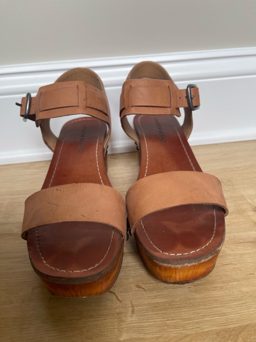 Lucky Brand Women's Tan Leather Platform Sandals with Ankle Strap